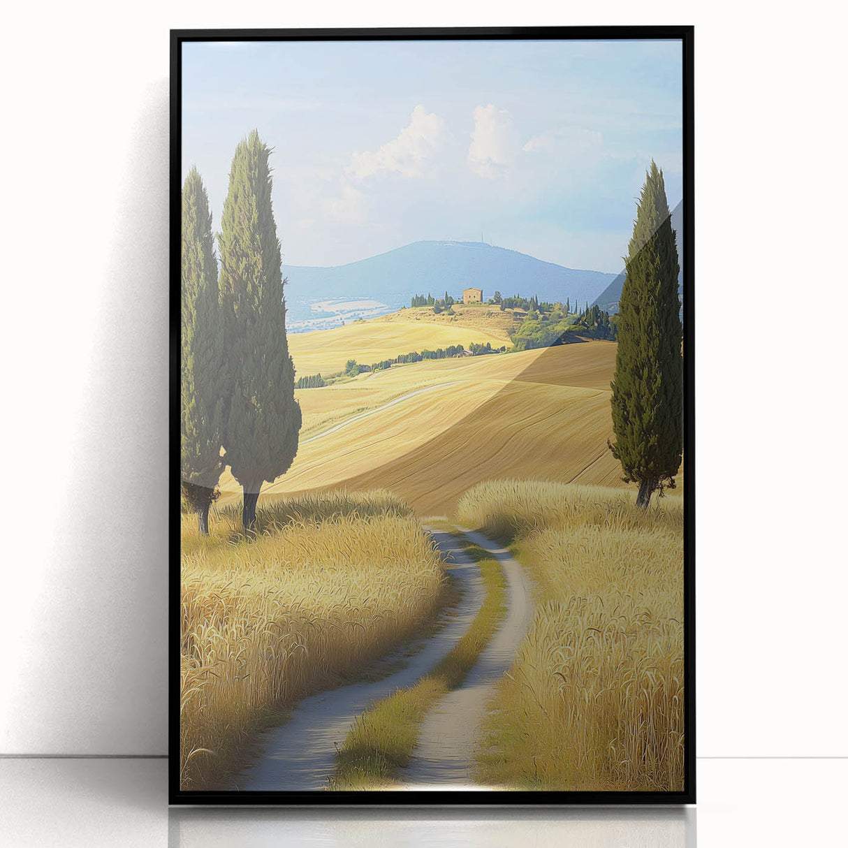 Framed acrylic wall art depicting a serene landscape with vibrant green fields and a clear blue sky, showcasing a modern black frame for elegant display.