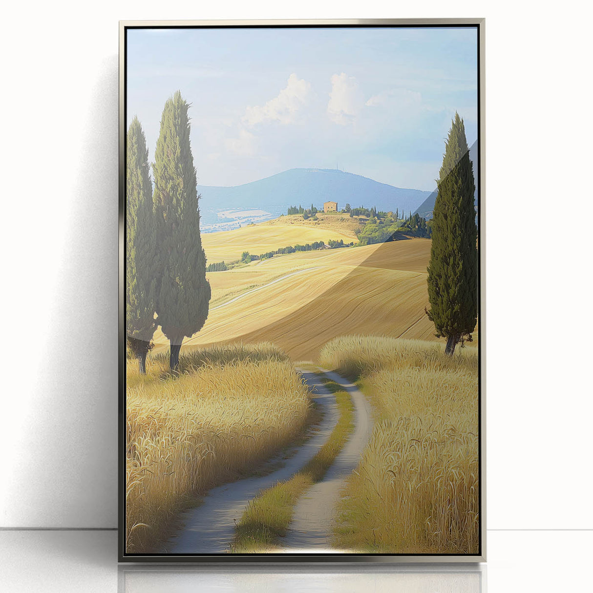 Framed acrylic artwork showcasing vibrant landscapes with lush green fields and a silver border, ideal for enhancing home decor and adding a touch of nature.