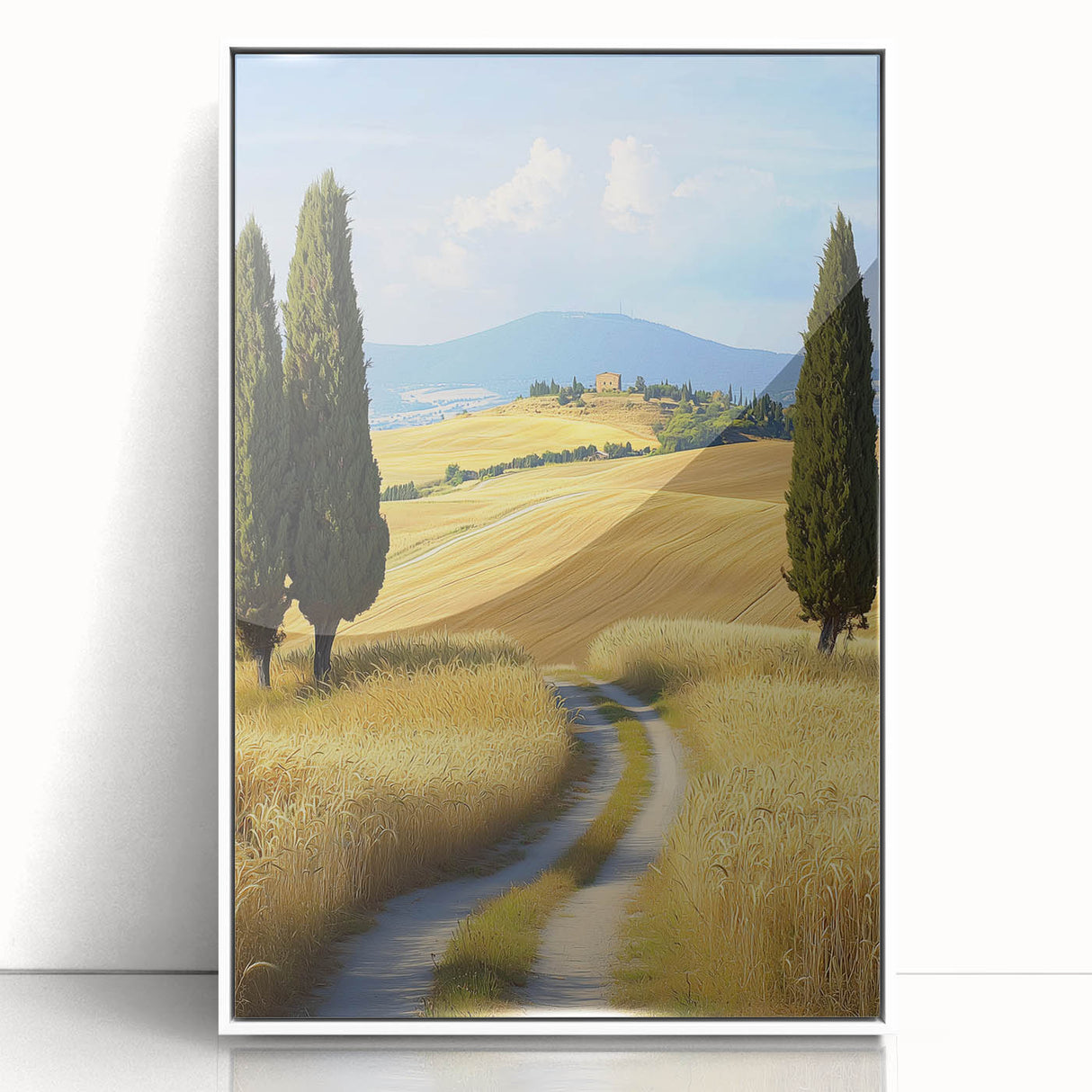 Framed acrylic artwork depicting serene landscapes and fields, showcased in a clean white frame, ideal for enhancing modern home decor. Perfect for nature lovers seeking tranquility in their spaces.