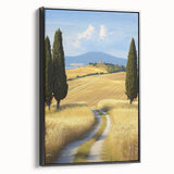 Framed canvas artwork showcasing a vibrant landscape of rolling fields in rich greens and golds, accented by a sleek black frame, perfect for modern decor.