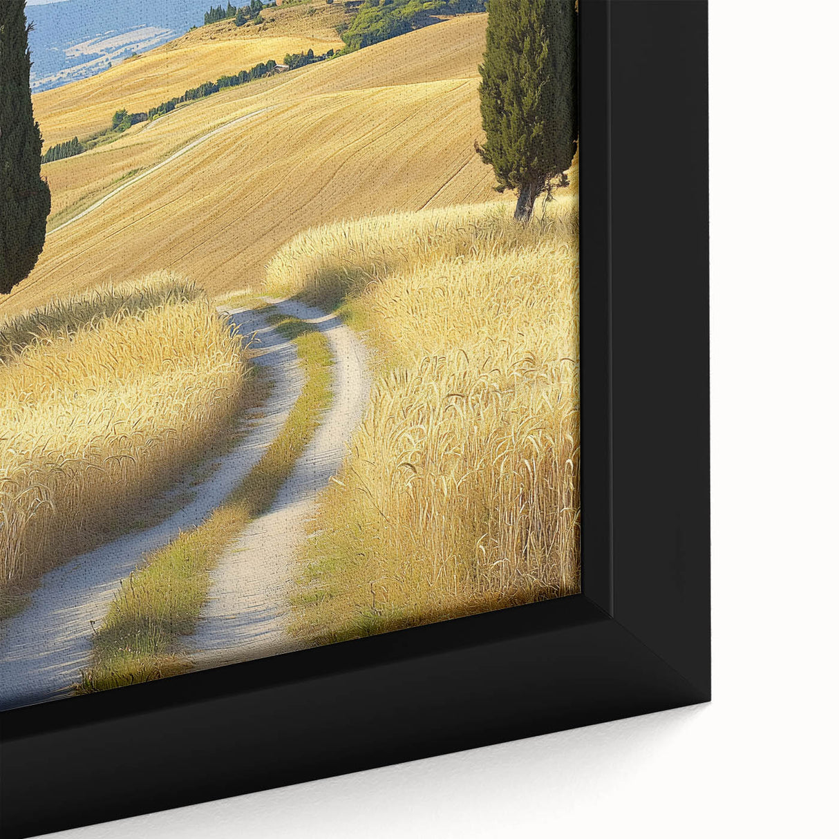 Framed canvas artwork showcasing a vibrant landscape with rolling fields, featuring rich green hues and intricate details, ideal for home decor or office settings.