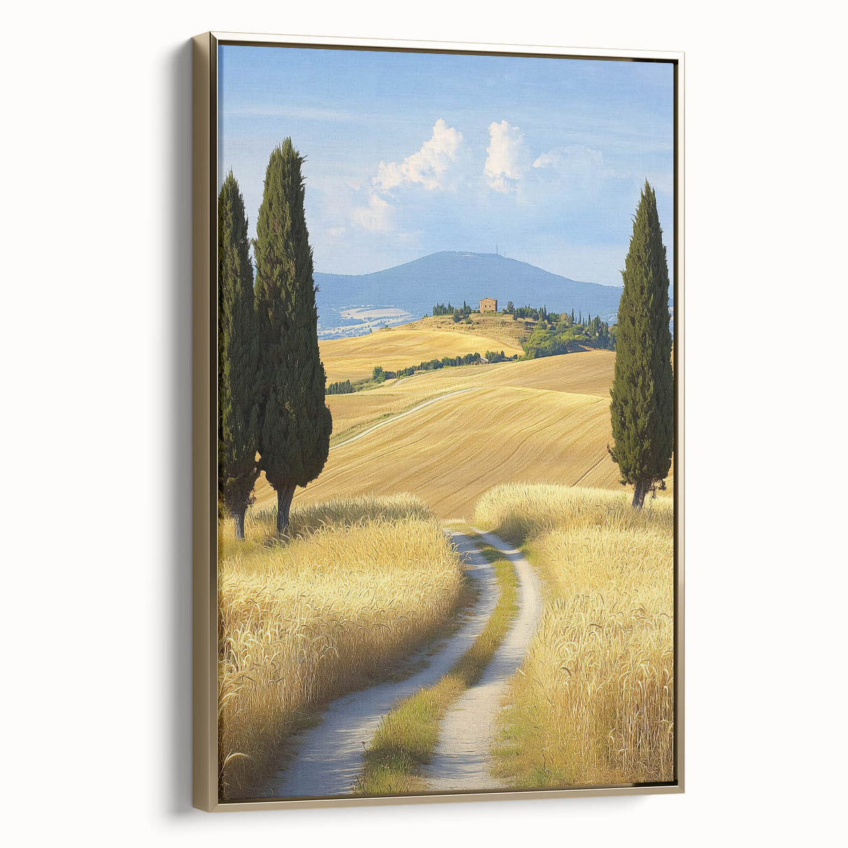 Framed canvas artwork depicting a serene landscape scene with golden accents, showcasing lush green fields under a clear blue sky, ideal for home decor.