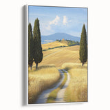 Framed canvas artwork showcasing a serene landscape of rolling fields under a clear blue sky, designed with a modern aesthetic and white border for elegant decor.