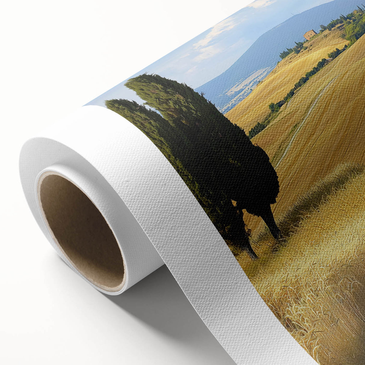 Rolled canvas showcasing a vibrant, abstract landscape design with rich colors of green, blue, and gold, elegantly packaged in a protective cardboard tube for shipping. Ideal for home decor enthusiasts seeking unique wall art pieces.