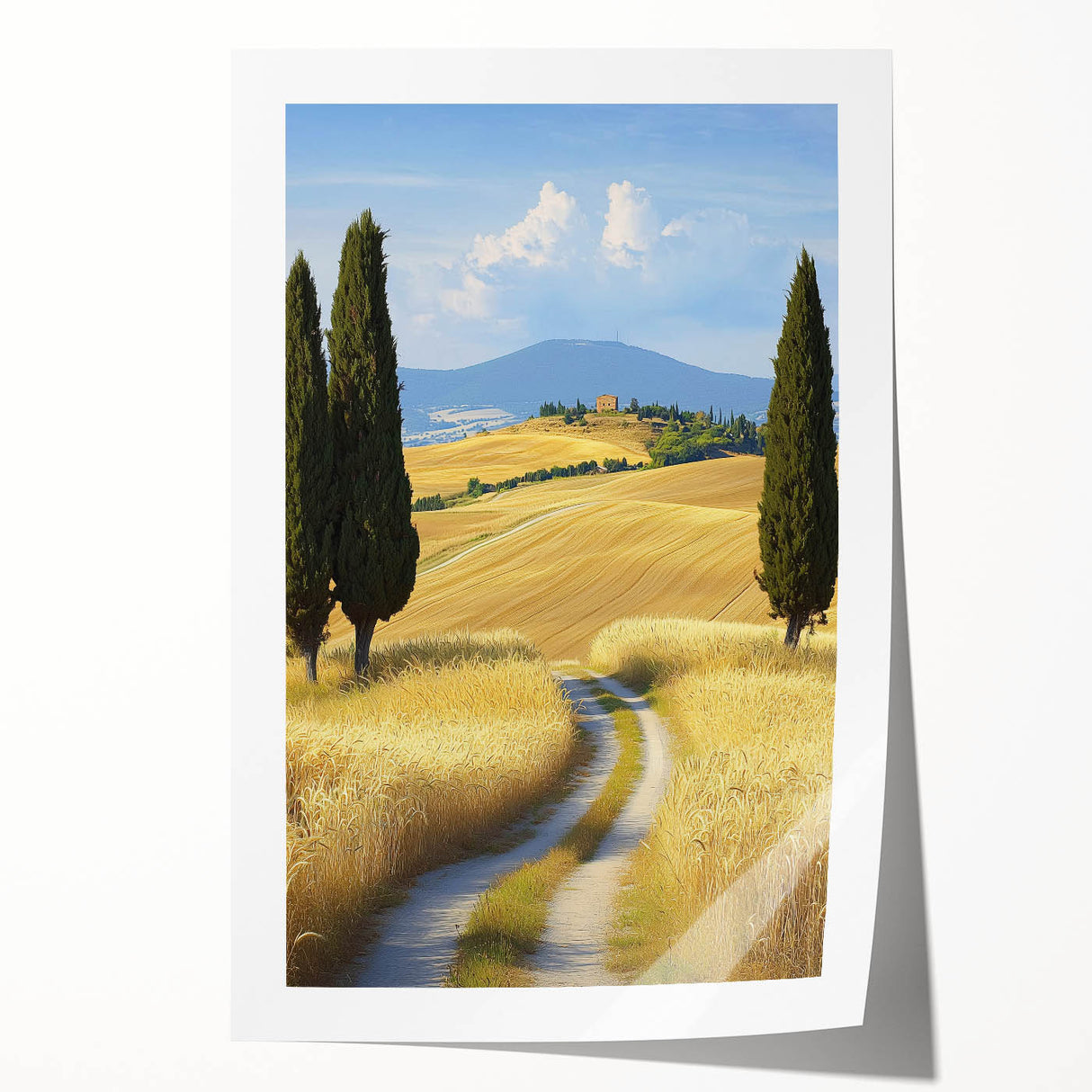 Vibrant rolled print showcasing an expansive landscape of golden fields under a bright blue sky, ideal for home decor or artistic display. The artwork emphasizes natural beauty and tranquility, adding a serene touch to any interior space.
