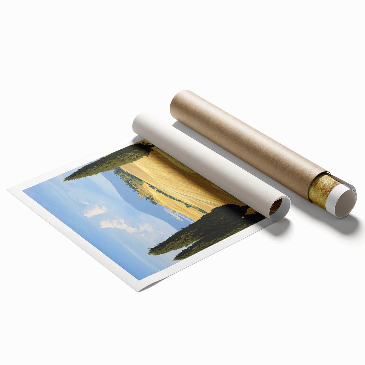 Vibrant rolled print depicting a lush green landscape with rolling hills and fields, showcasing natural beauty; packaged securely in a protective cardboard tube.