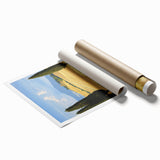 Vibrant rolled print depicting a lush green landscape with rolling hills and fields, showcasing natural beauty; packaged securely in a protective cardboard tube.