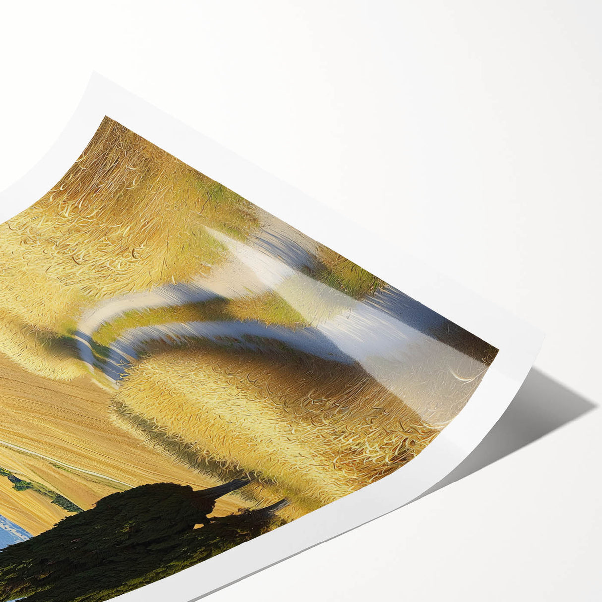 Rolled canvas print showcasing a vibrant landscape design with rolling fields and a clear blue sky, elegantly packaged in a protective cardboard tube for safe delivery.