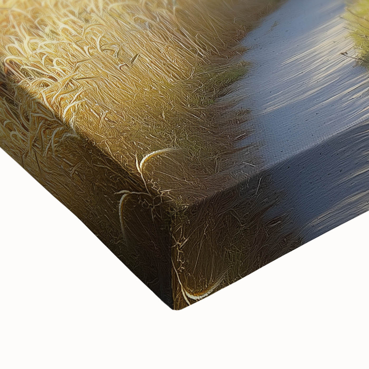 Close-up of a vibrant stretched canvas featuring a serene landscape of golden fields under a bright blue sky, showcasing rich colors and intricate textures perfect for home decor.