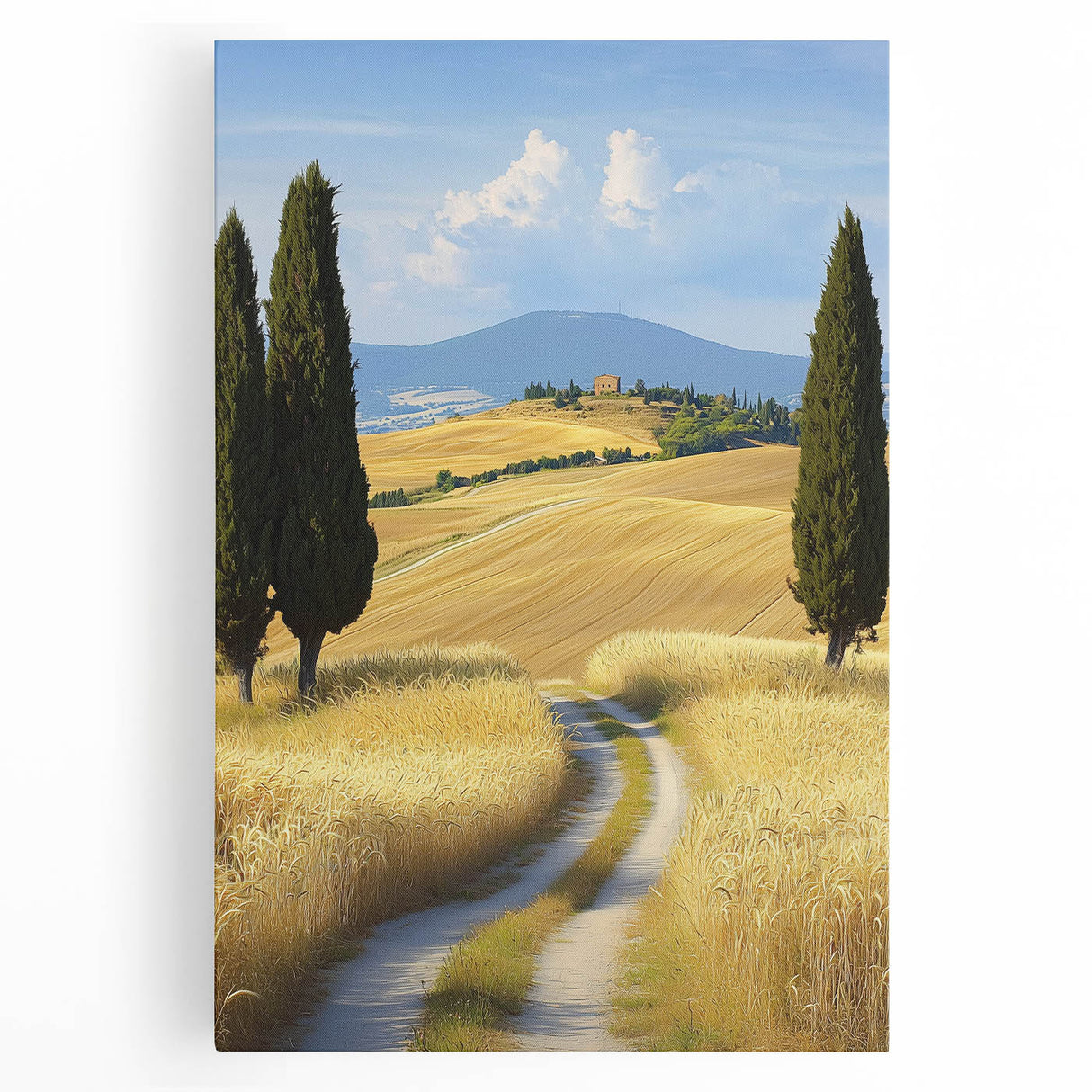 Stretched canvas artwork depicting a serene landscape of rolling fields under a bright blue sky, showcasing vibrant greens and earthy tones, perfect for home decor.