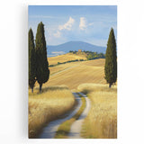Stretched canvas artwork depicting a serene landscape of rolling fields under a bright blue sky, showcasing vibrant greens and earthy tones, perfect for home decor.