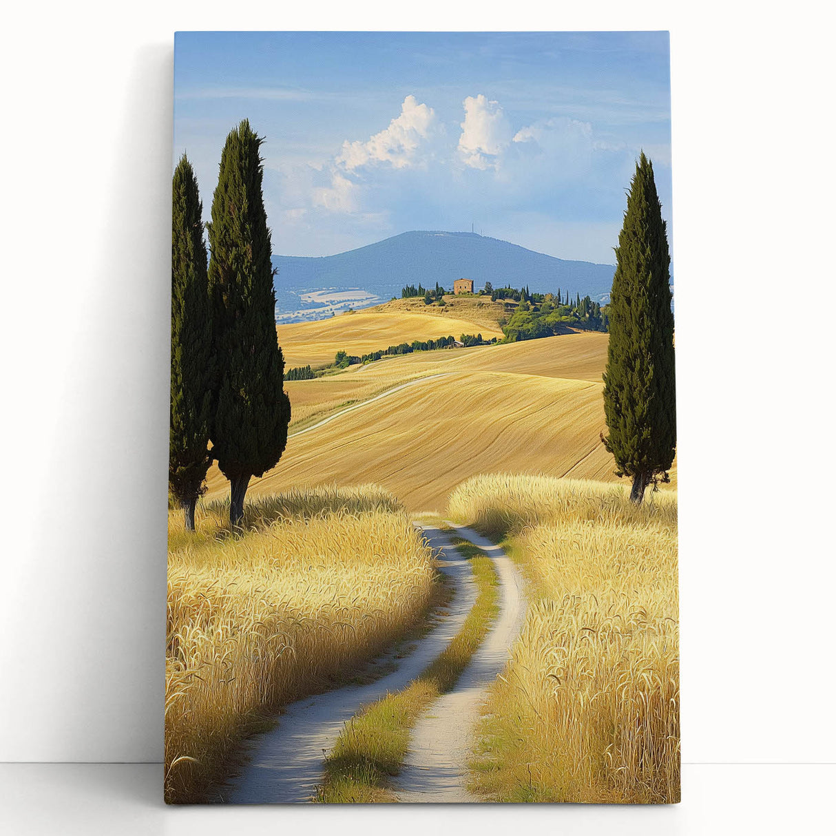 Stretched canvas artwork depicting vibrant green fields under a clear blue sky, leaning against a rustic wooden wall, perfect for enhancing home decor.