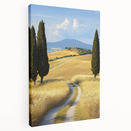 Stretched canvas artwork depicting a serene landscape filled with vibrant green fields under a bright blue sky, ideal for home decor or art enthusiasts.