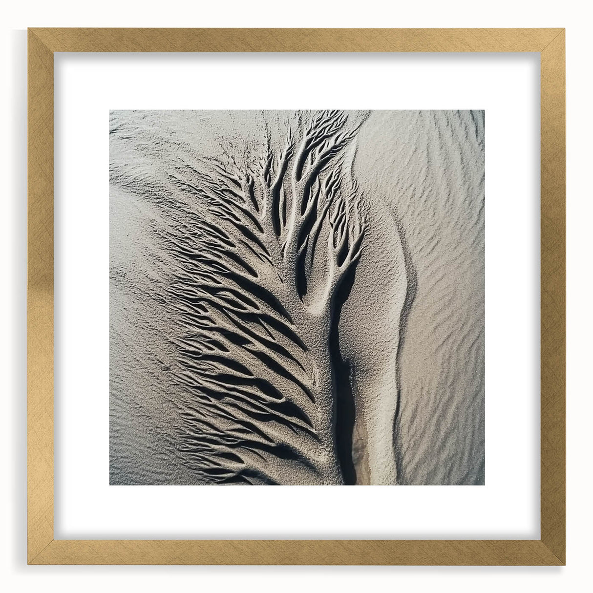 Extra large abstract art print featuring textured swirls in gold and white, framed with a gold mat.