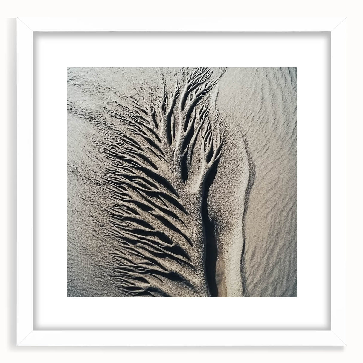 Abstract art print featuring close-up nature elements in muted green and brown tones, white framed.