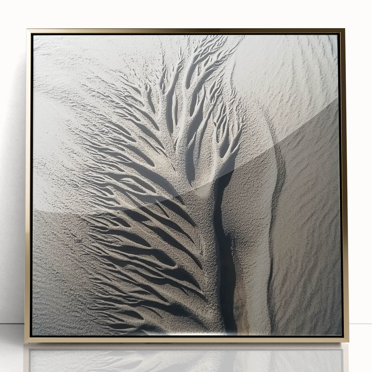Large art print of a close-up dandelion in gold acrylic, framed, embodying mid-century modernist style.