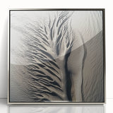 Mid-century modernist art depicting nature elements in muted green and brown tones, framed in silver acrylic.