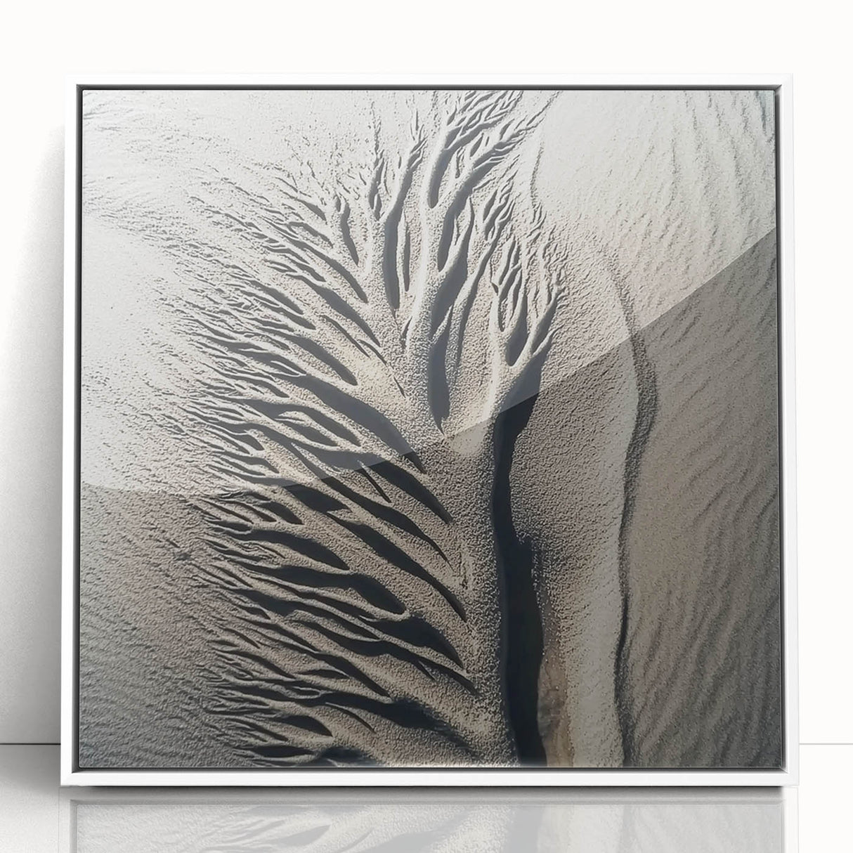 Art deco poster featuring a close-up of nature elements in muted green and brown tones, framed in white acrylic.