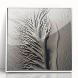 Art deco poster featuring a close-up of nature elements in muted green and brown tones, framed in white acrylic.