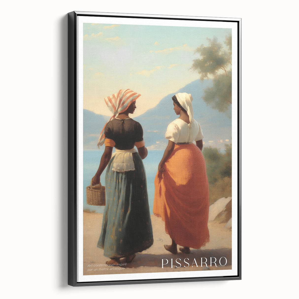 Black and white framed canvas of a vintage landscape painting, ideal for bedroom wall art.