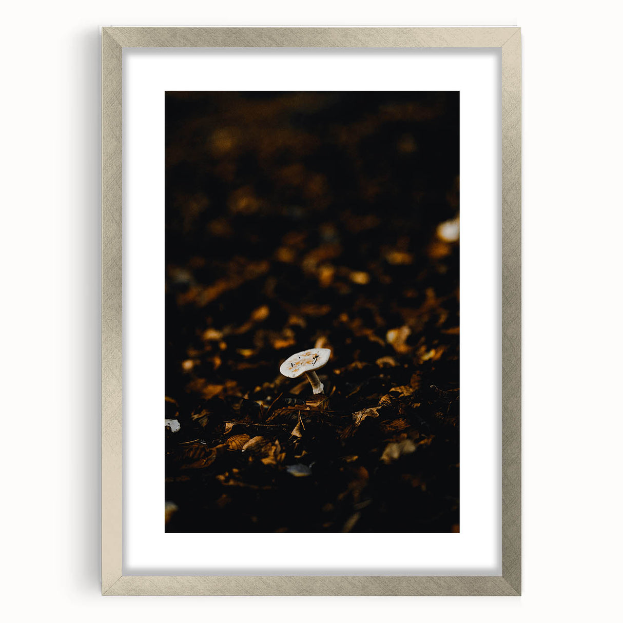 Textured abstract art print in warm autumnal hues on a framed silver mat, ideal for bedroom art.