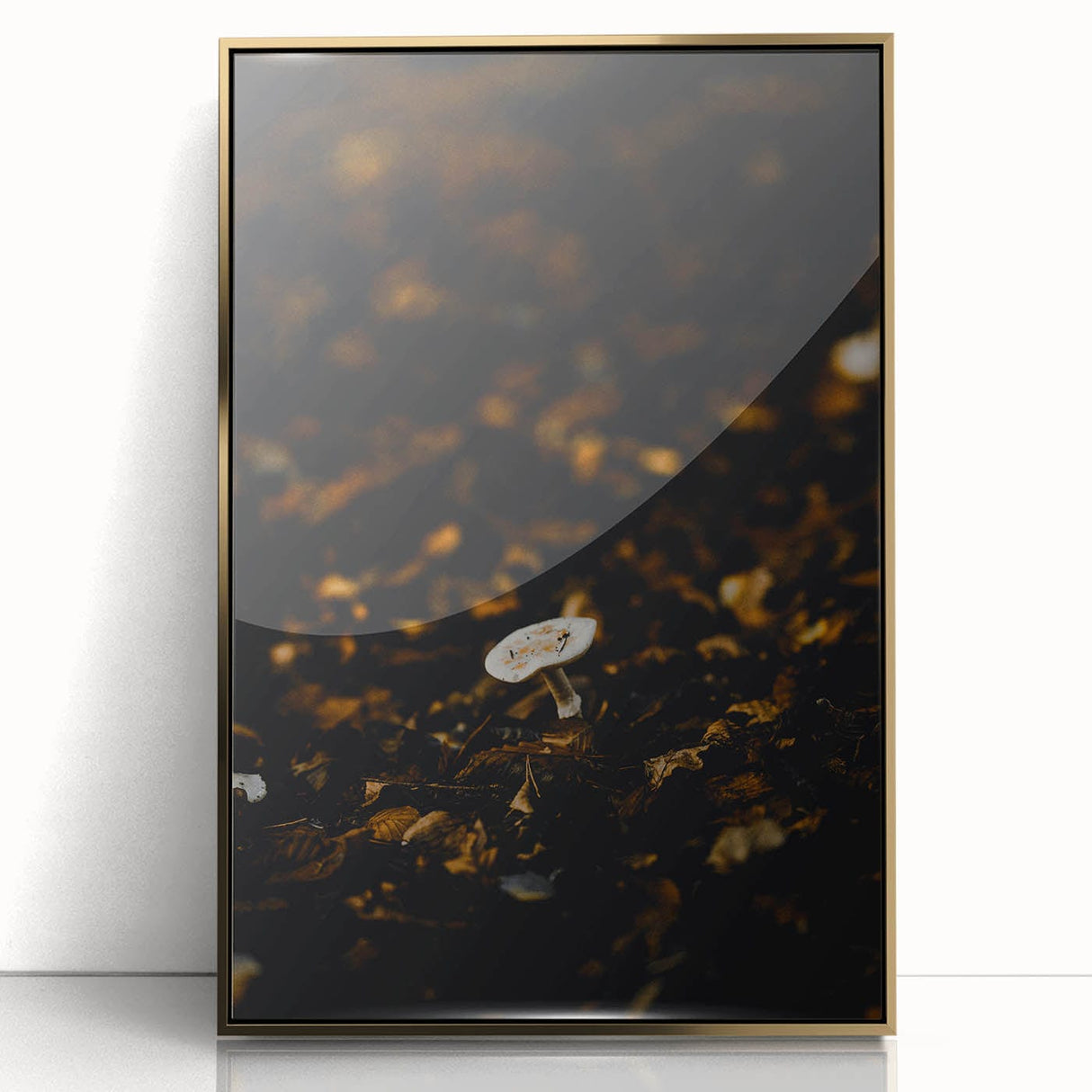 Large art print of a mid-century modernist fall scene in gold and brown tones, framed acrylic, ideal for nursery wall decor.