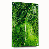 Large abstract wall art on acrylic glass depicting vibrant spring themes, ideal for bedroom or dining room decor.