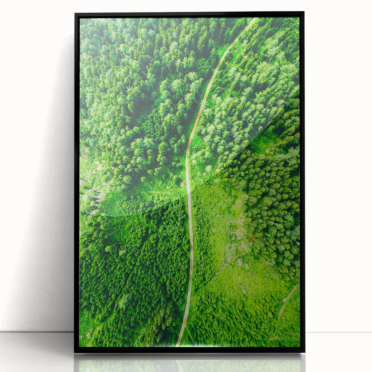 Large abstract wall art depicting spring season in muted green and yellow tones, framed in black acrylic.