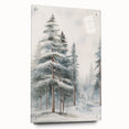 Large abstract wall art on acrylic glass depicting winter scene in muted blue and white tones.