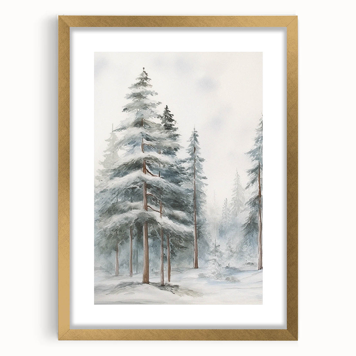 Extra large abstract art print featuring textured winter motifs in muted blue and white, framed in gold.