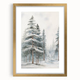 Extra large abstract art print featuring textured winter motifs in muted blue and white, framed in gold.