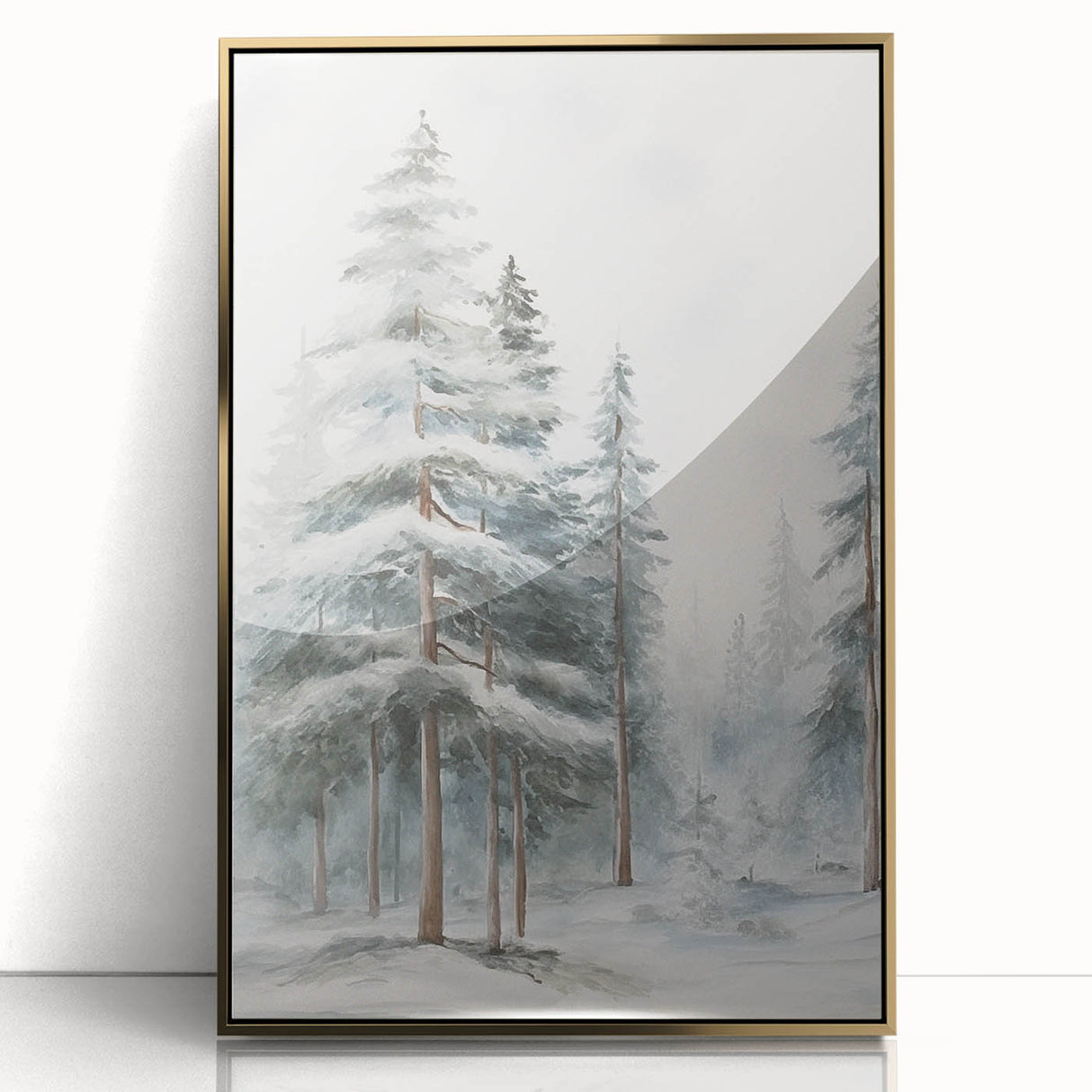 Large art print of a mid-century modernist winter scene in gold and white tones on framed acrylic.