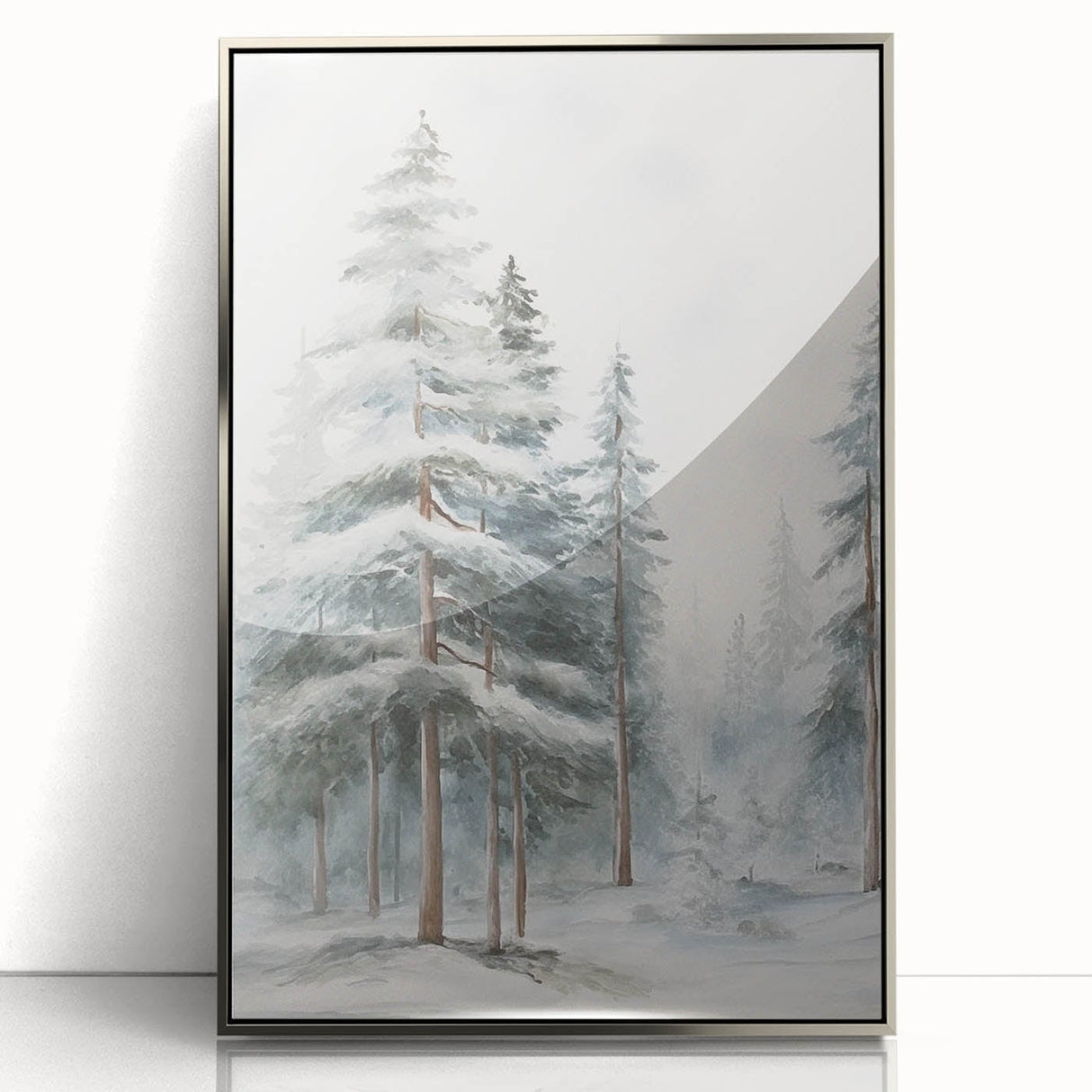 Mid-century modernist art depicting a winter scene in muted blue and white tones, acrylic print framed in silver.