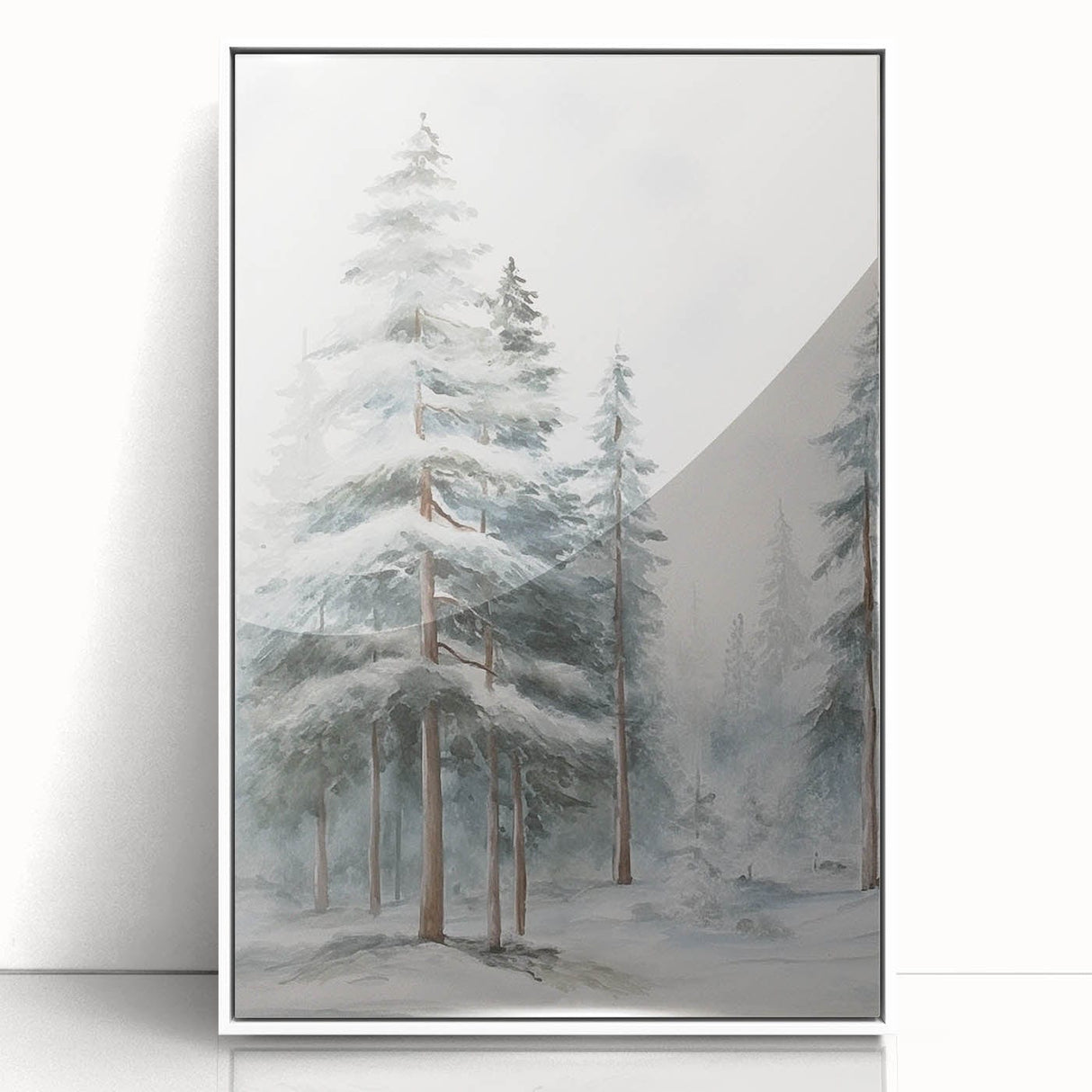 Art deco poster of a winter scene in muted white and gray tones, framed acrylic print ideal for nursery wall art.