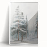 Art deco poster of a winter scene in muted white and gray tones, framed acrylic print ideal for nursery wall art.
