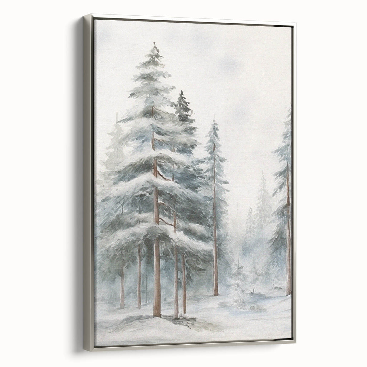 Winter landscape art painting on framed canvas, featuring muted gray and blue tones, ideal for living room decor.