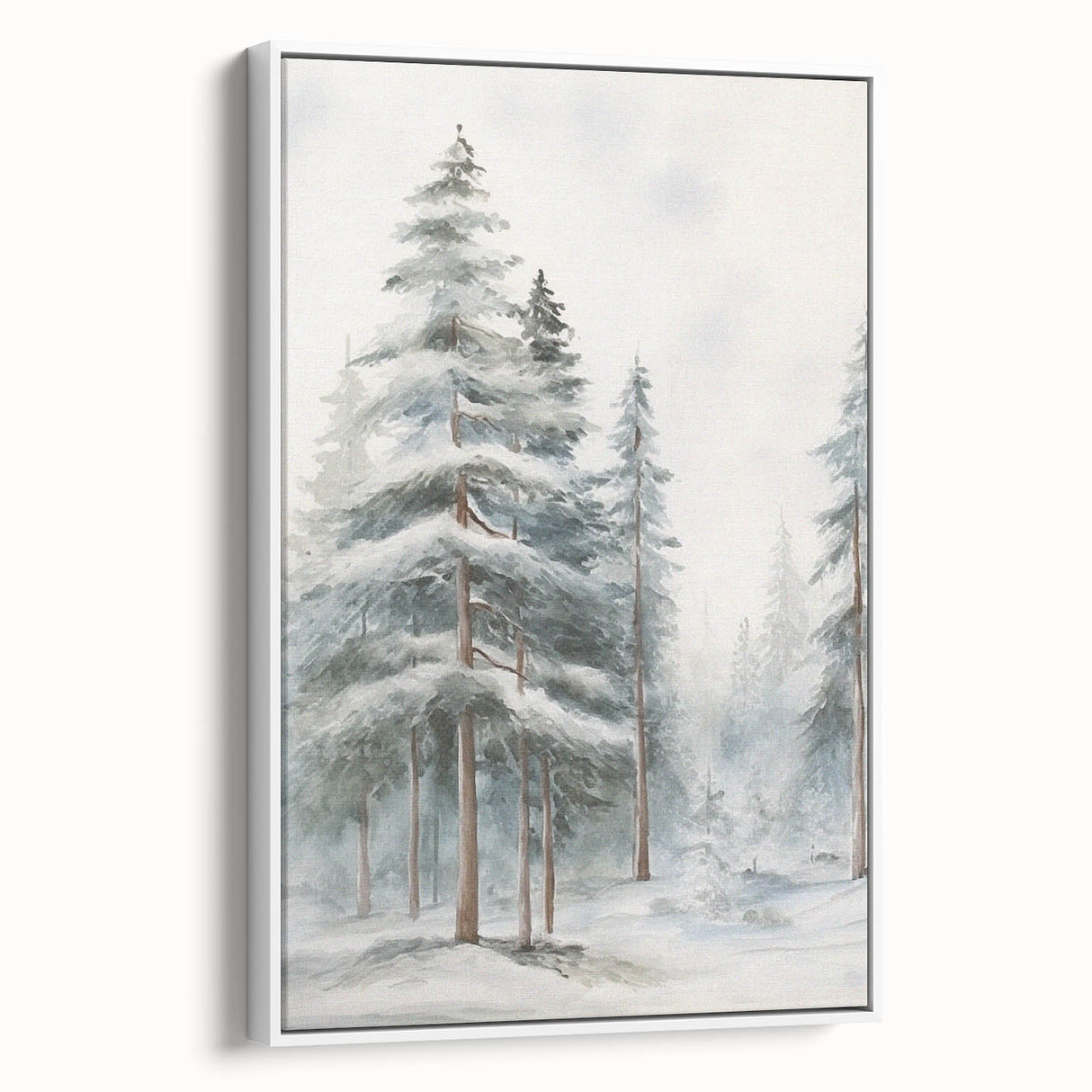 Vintage poster art featuring a winter scene on framed canvas, with muted white and gray tones, ideal for living room decor.