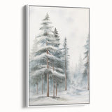 Vintage poster art featuring a winter scene on framed canvas, with muted white and gray tones, ideal for living room decor.