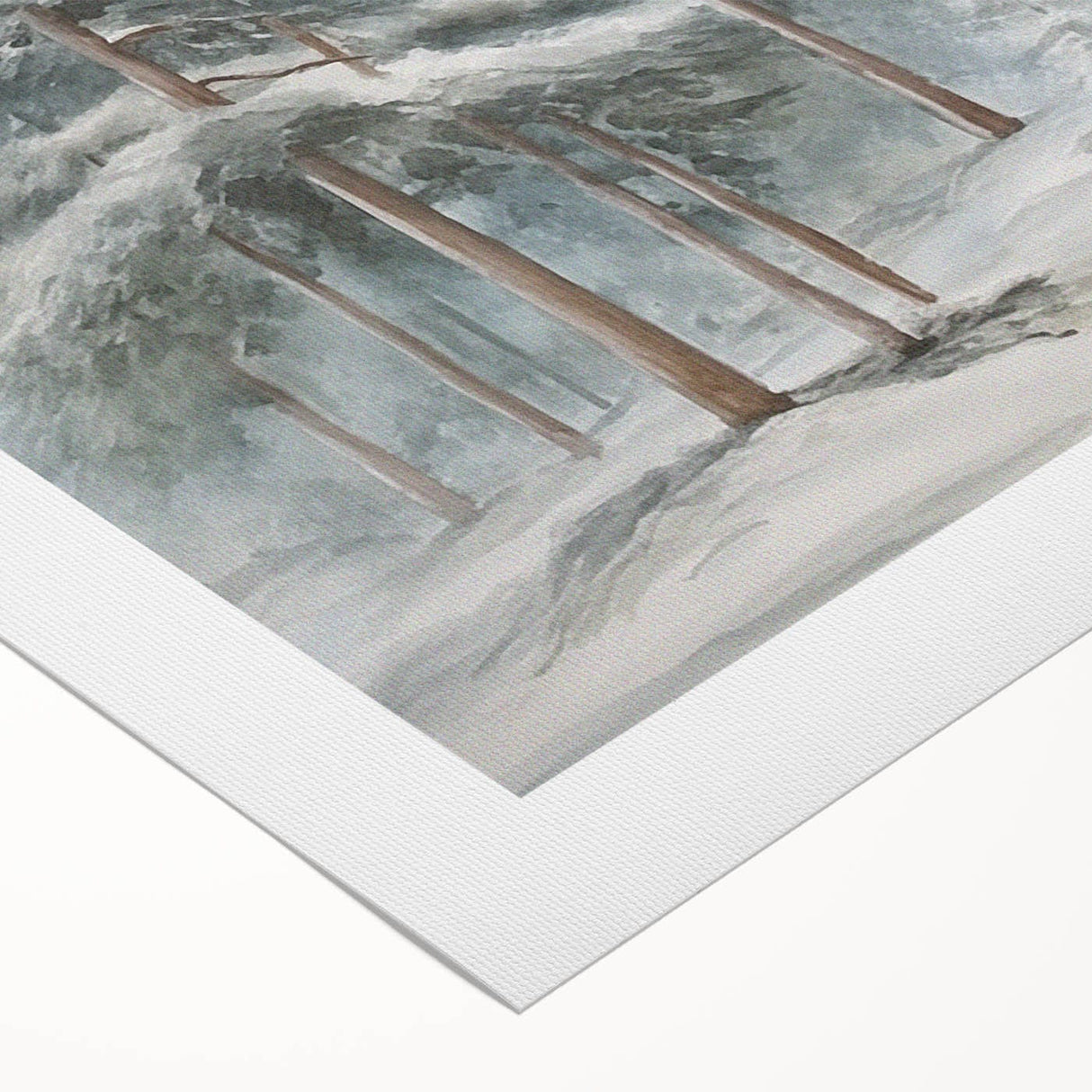 Art deco poster featuring a winter scene with muted blue and white tones on rolled canvas, ideal for dining room wall art.