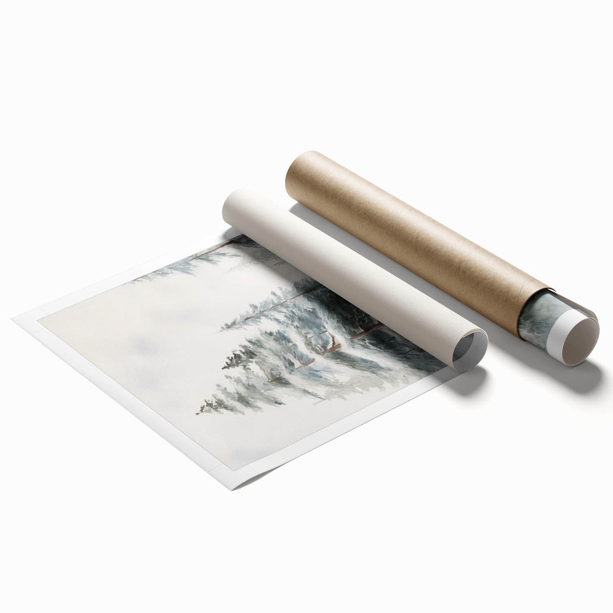 Extra large rolled print featuring a winter-themed floral art in muted blue and white tones.