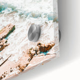 Large abstract wall art in vibrant orange and blue tones on acrylic glass, suitable as mid-century modernist dining room art.