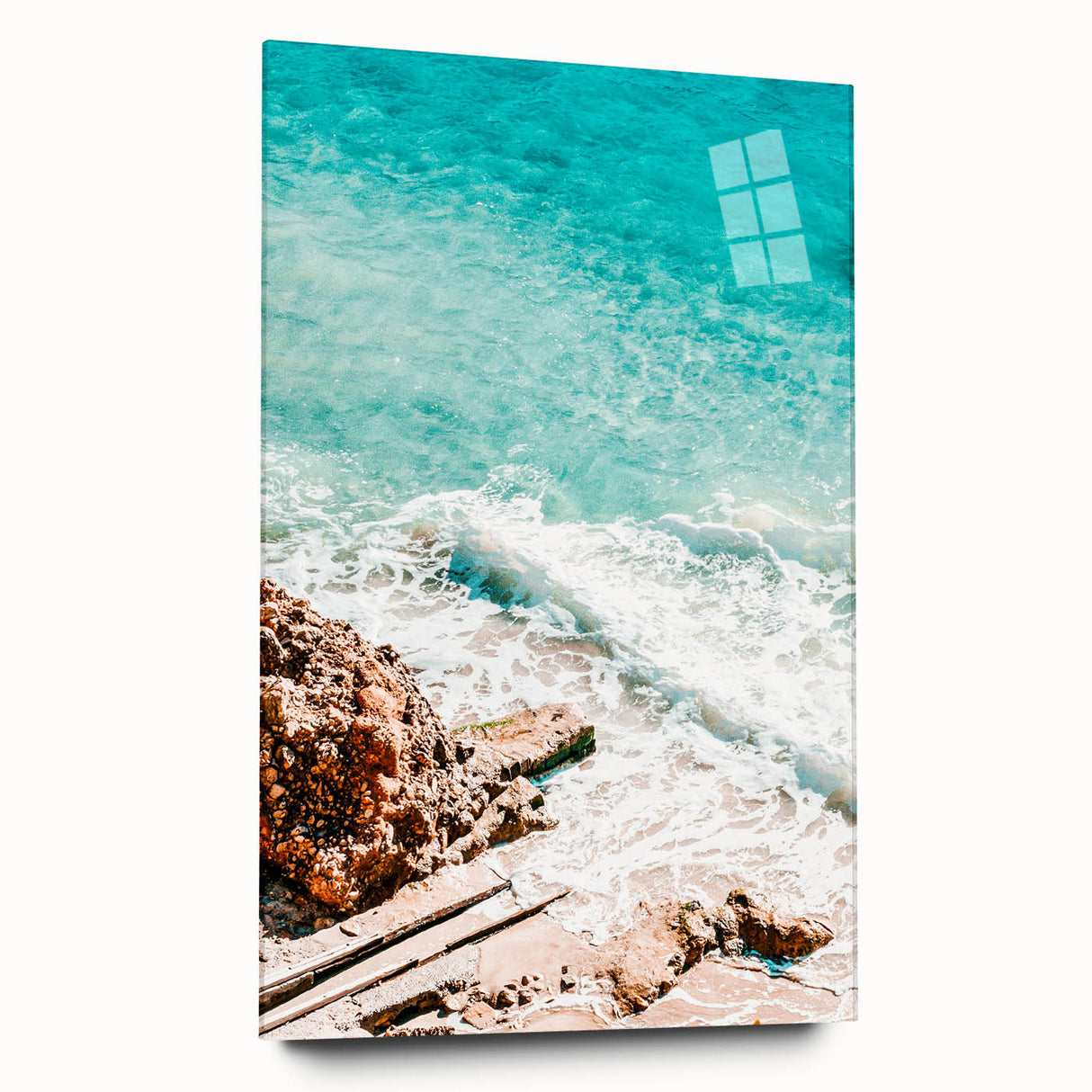 Large abstract wall art in vibrant orange and blue tones on acrylic glass, ideal for bedroom or dining room decor.