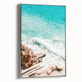 Landscape art painting on canvas, featuring a vintage poster style with a colorful palette, framed in silver.