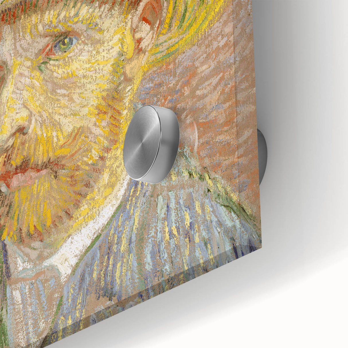 Large abstract wall art with swirling blue and yellow tones on acrylic glass.
