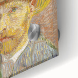 Large abstract wall art with swirling blue and yellow tones on acrylic glass.