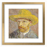 Abstract art print of swirling blue and yellow patterns on a canvas, framed in gold.