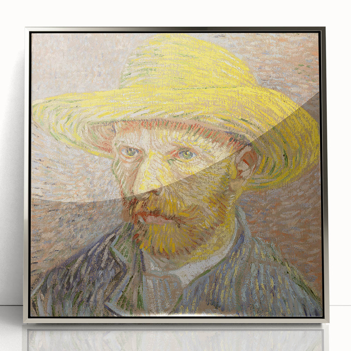 Large art print of Van Gogh's painting on acrylic, framed in silver, showcasing vibrant colors.