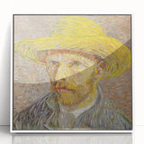 Mid-century modernist art of a starry night scene in muted blue and yellow tones on a framed acrylic print.