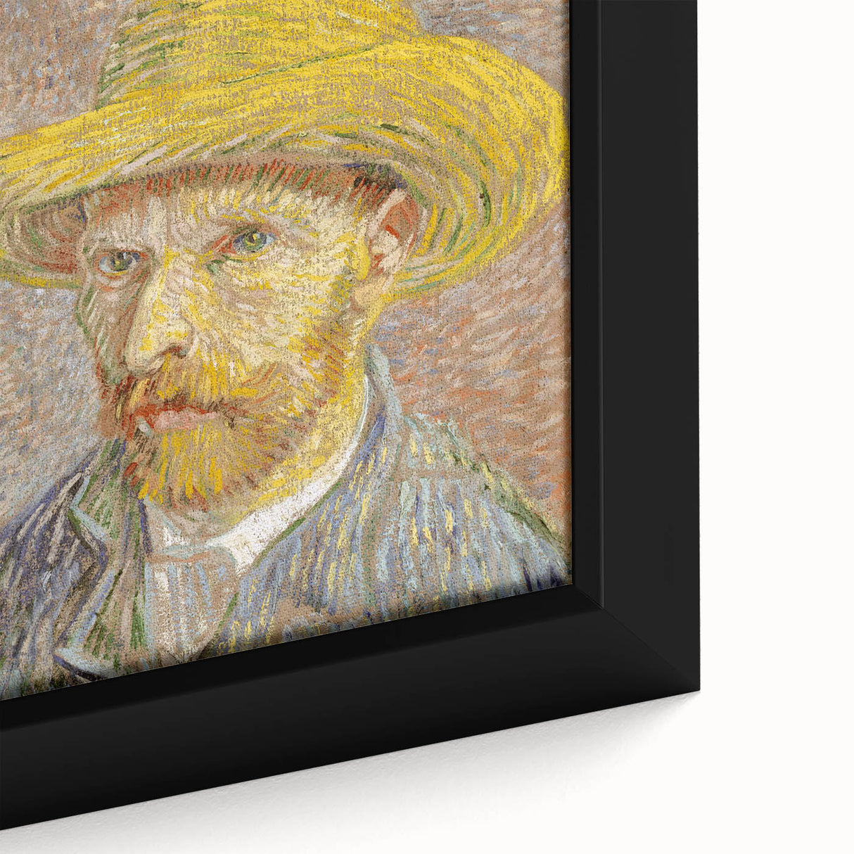 Close-up of a framed canvas depicting a textured, colorful interpretation of Van Gogh's style, ideal for living room decor.