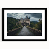 Black-framed landscape artwork depicting a majestic castle surrounded by lush greenery, with a white mat enhancing its elegance, perfect for home decor.